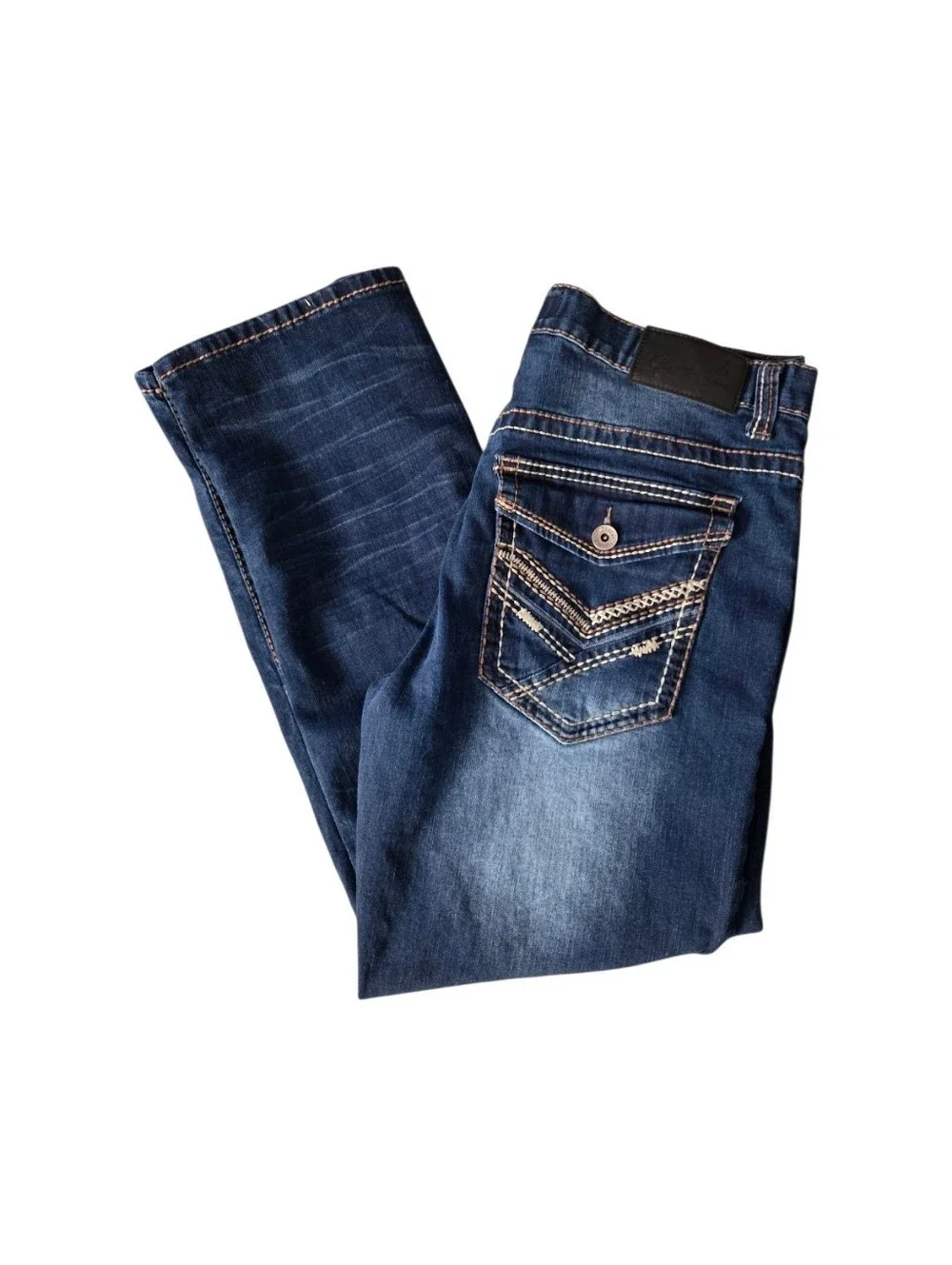 True Luck Men's Jeans Stretch Medium Wash Size 34x30 Embroidered Bootcut EUC